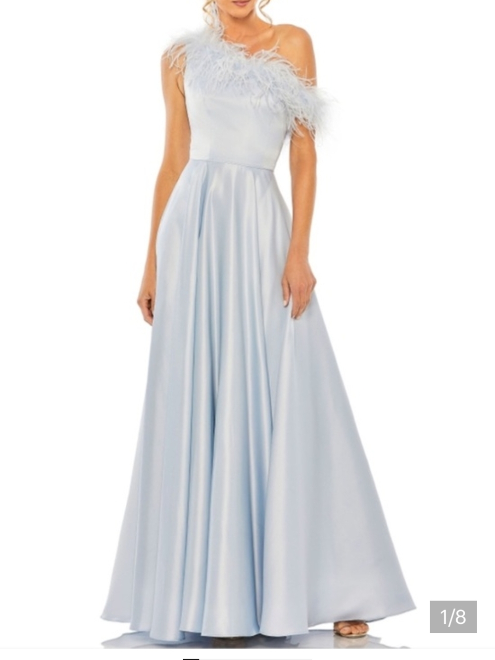 Mac Duggal 11684 Feather Trim Satin Gown - Light Blue